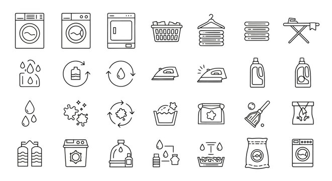 A comprehensive collection of line art icons representing various aspects of laundry care, washing machines, and cleaning processes.