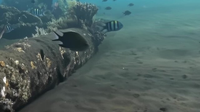 Various fish species navigate sunlit depths, gracefully exploring a barnacled pipeline amidst sandy seafloor. Serene ocean environment shows vibrant marine life thriving near coral structures.