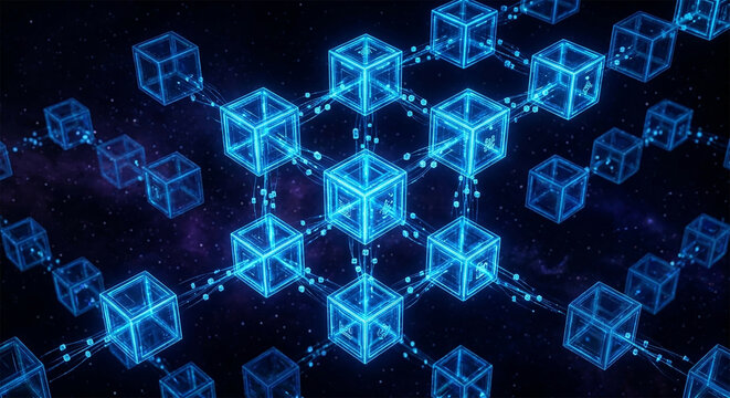 Abstract representation of a decentralized blockchain network with glowing interlocking translucent neon blue cubes floating in an endless dark void. Created using generative AI tools