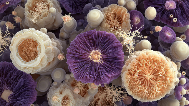 A detailed macro image of an abstract microbial landscape, featuring numerous circular and amoeboid forms. Ai generated