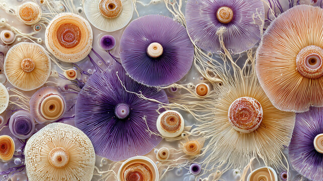 A detailed macro image of an abstract microbial landscape, featuring numerous circular and amoeboid forms. Ai generated