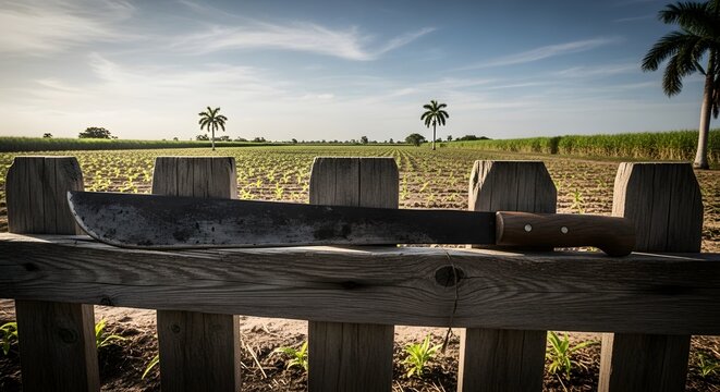 Traditional machete resting on wooden fence with farm field background.