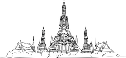 Naklejka premium Wat Arun Temple Bangkok Continuous Line Drawing Vector – Hand Drawn Thailand Landmark Skyline Illustration