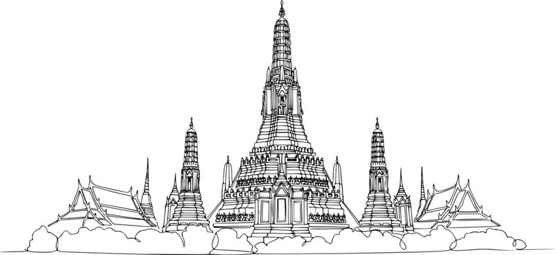 Wat Arun Temple Bangkok Continuous Line Drawing Vector &ndash; Hand Drawn Thailand Landmark Skyline Illustration