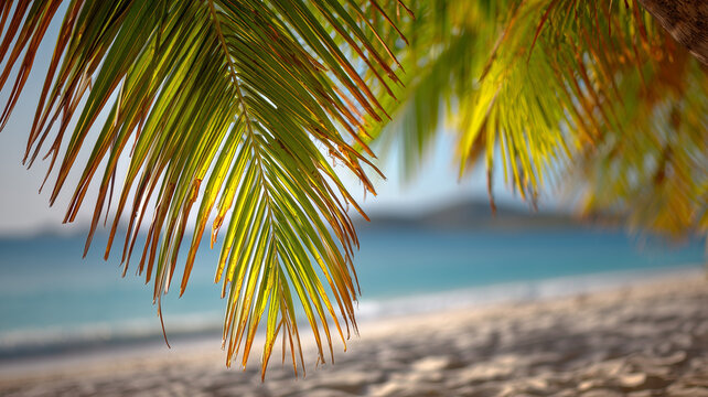 A vibrant high detail photograph focusing on sunlit palm fronds. the fronds, colored green and golden brown, occupy the upper and central portions of the frame. Ai generated