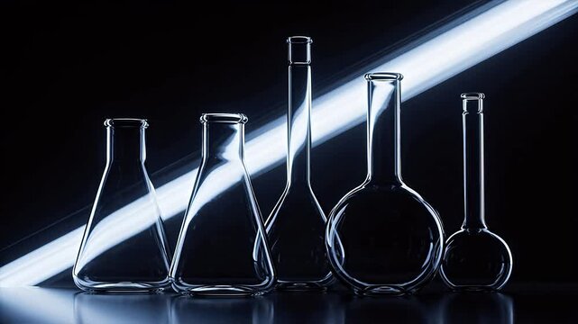 Transparent glass laboratory flasks arranged in dark background