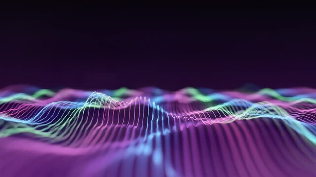Abstract digital waveform with glowing neon grid lines and colorful light streaks