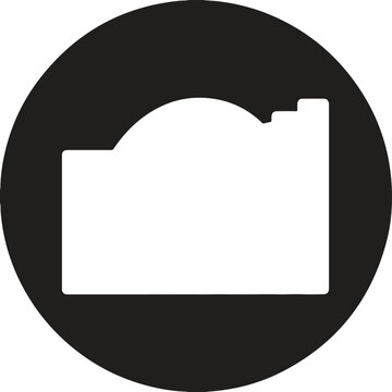 Minimalist photo camera silhouette icon inside black circle vector illustration sign
