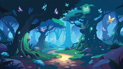 Fototapeta premium Enchanted forest path with glowing mushrooms and butterflies during twilight fantasy concept flat vector illustration