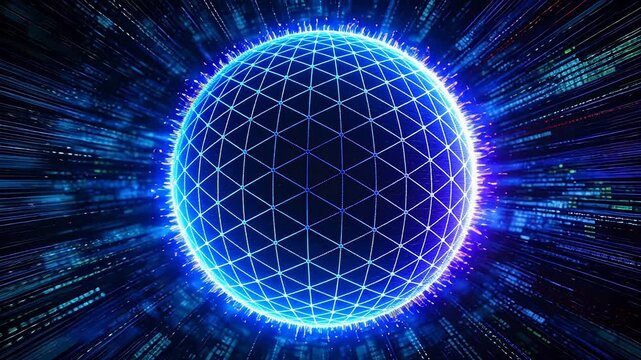 Blue glowing holographic sphere grid with flowing data streams on dark background
