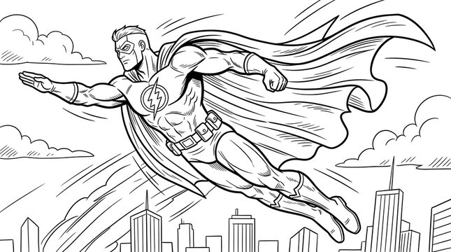 Superhero flying above a city skyline wearing a cape and emblem line art illustration with superhero adventure character strength vigilante champion illustration coloring activity creative