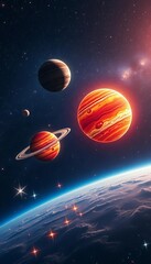 Naklejka premium Cosmic companions float amidst twinkling stars and planets, their bright colors shining like tiny suns, ||stars, playful