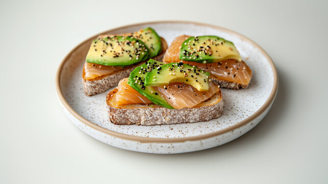 Artisan salmon toast with meticulously layered avocado slices and sesame seed garnish showcasing minimalist plating
