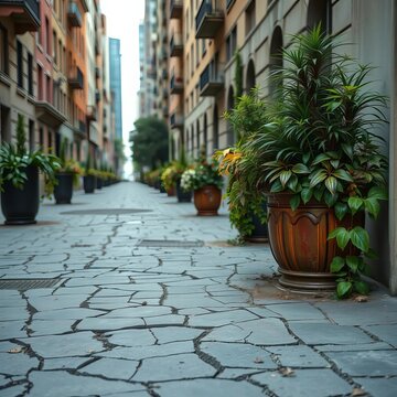 Cracked pavement and overgrown planters, revealing the city's neglect, ||cracked pavement, Radom