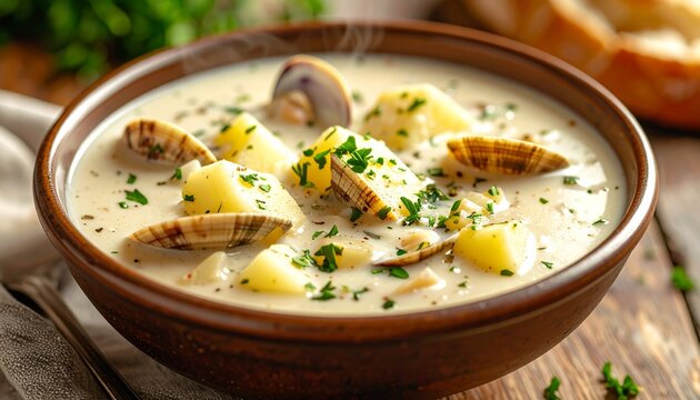A steaming bowl of New England clam chowder