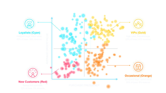 Illustration of customer segmentation analysis chart showing data points on a scatter plot dark background