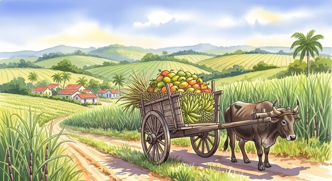 A vibrant watercolor painting of a rural landscape with a bullock cart laden with tropical fruits on a dirt road.