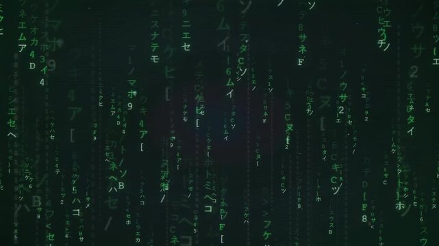 Digital rain of green binary code and characters falling on a dark background