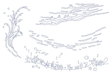 Obraz premium 海をイメージしたイラストセット 海 水中 波 海底 背景
