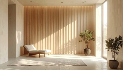 Fototapeta premium Sunlit Modern Living Room with Minimalist Decor and Lush Green Plants.
