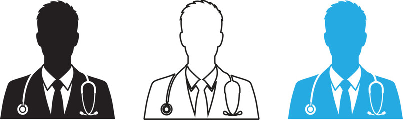 Fototapeta premium Doctor Silhouette Icon Set Vector Illustration – Medical Professional Avatar Collection in Black, Outline and Blue Style