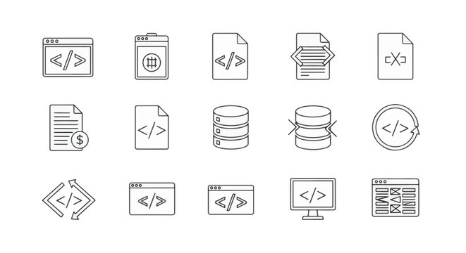 Minimalist black outline icon set for software development and programming, featuring code brackets, web browser windows, database storage, file scripts, and UI design.
