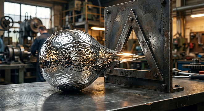 Agile management a metallic liquid sphere effortlessly reshaping itself to pass through a narrow triangular opening. Created using generative AI tools