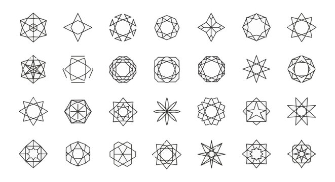Minimalist vector icon set featuring 28 black line geometric shapes, symmetrical abstract crystalline structures, linear stars, hexagons, and mandala outline symbols on white background.
