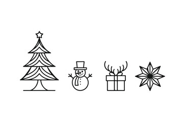Fototapeta premium christmas icons set in black line art on white background tree snowman gift star holiday