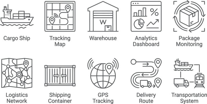 Logistics icons for cargo ship, map, warehouse, analytics, package, GPS, and delivery