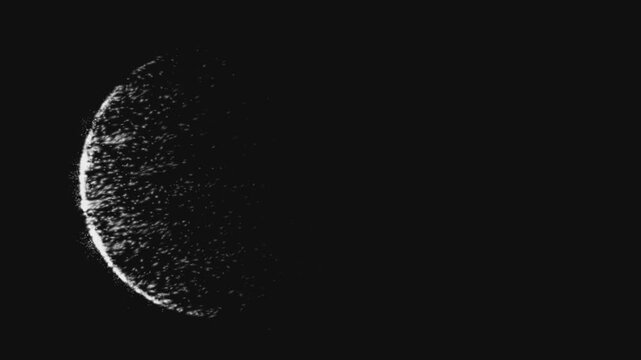 abstract white glowing particles forming a crescent moon, semicircle shape on black background with copy space for text science, space, technology motion graphics