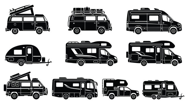 Camper van and recreational vehicle silhouette set for travel and road trip designs.