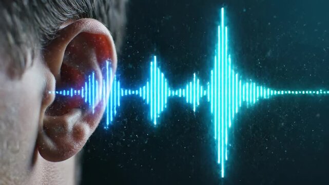 Close up view of a human ear next to a glowing blue digital sound wave.
