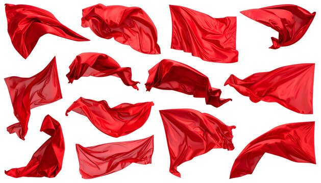 Assortment of vividly red fabric pieces, seemingly flags or cloth, floating against a stark black background. Dynamic and flowing