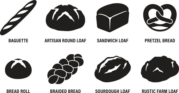 Bakery Bread Silhouette Collection Featuring Artisan Loaves Baguette Pretzel Sourdough and Bread Roll Icons