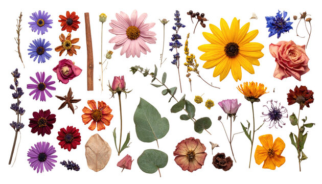 A flat lay collection showcasing assorted dried flowers of varying colors, shapes, and sizes, on a stark black background