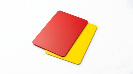 Fototapeta premium Red and yellow penalty cards used in sports officiating, lying on a clean white background.