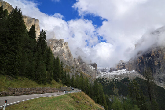 Mountain landscape along the Dolomite Road - Strada Statale 48 delle Dolomiti, South Tyrol, Italy