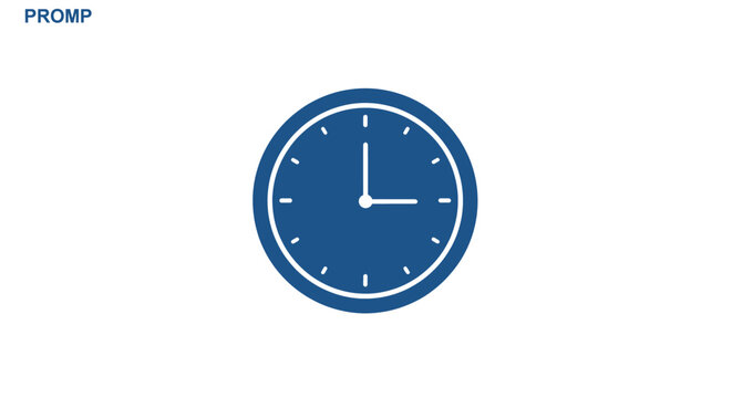 A blue analog clock icon with white hands and markers on a plain white background, representing time.