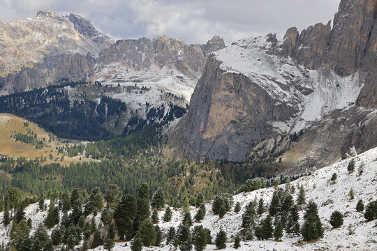 Fantastic view of the mountains from the Val Gardena in the Dolomites, South Tyrol, Italy