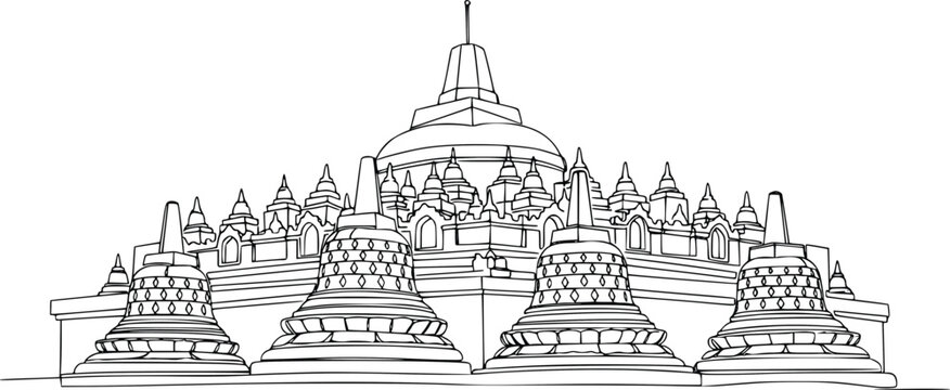 Borobudur Temple Continuous Line Drawing Vector Illustration with Historic Buddhist Architecture