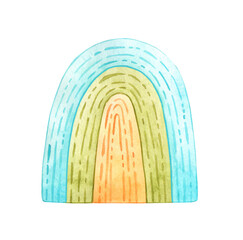 Obraz premium Pastel rainbow with blue, green and yellow arches in soft watercolor texture isolated from background. Cute illustration for nursery decor, baby shower themes, children room art and cheerful birthday