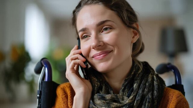 Woman smiles, chatting on phone while seated in wheelchair