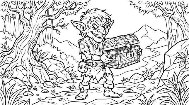 Goblin holding a treasure chest in enchanted forest coloring page with treasure creature adventure coloring woodland mythology character illustration creative children activity mystical