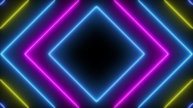 Neon glowing diamond shapes in blue and magenta lights pulsing in a rhythmic tunnel sequence, abstract light background, 4k video