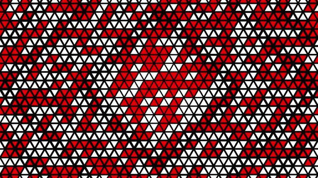 Dynamic geometric pattern with changing red, white, and black triangular pixels, flashing abstract mosaic background, 4k video