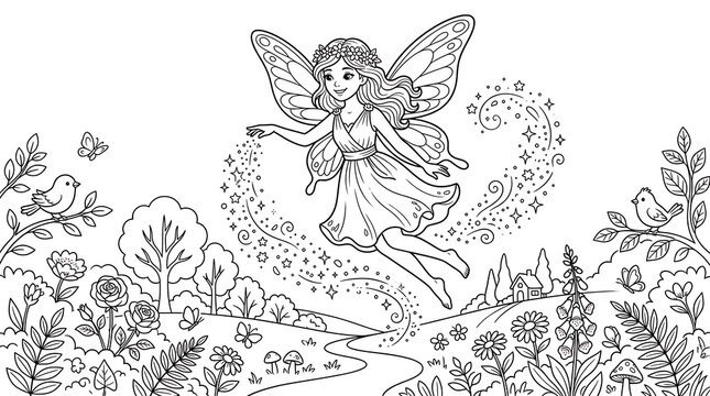 Whimsical coloring page featuring a flying forest fairy surrounded by magical sparkles in a blooming garden fairy tale whimsical coloring illustration sparkles blooming fairytale mythical