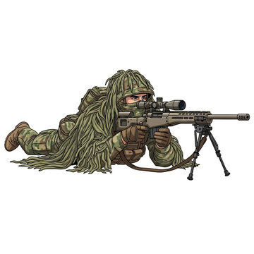 Sniper in camouflage aiming rifle on isolated white background