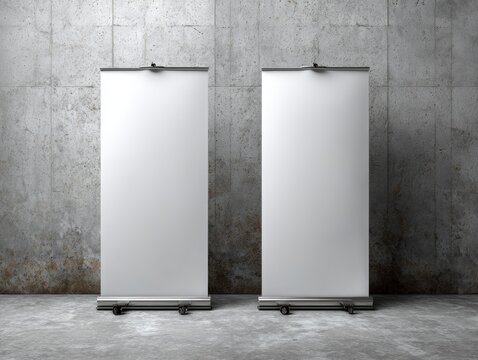 Two white roll-up banner displays stand side-by-side against a rough, concrete wall. The setting is indoors, with a gray floor