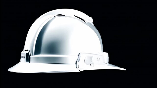 White hard hat shown from multiple angles against a black background, highlighting its design features and safety attributes for construction and industrial use
